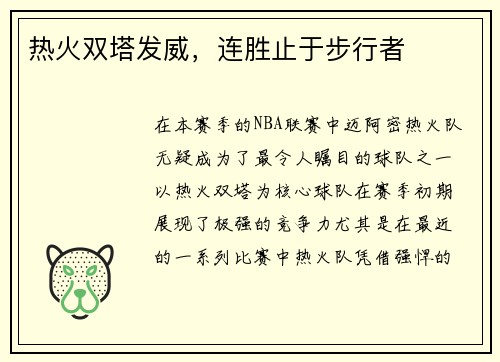 热火双塔发威，连胜止于步行者